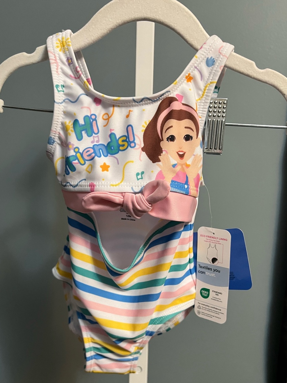 Ms. Rachel Rainbow Stripe One-Piece Swimsuit with Pink Bow 12 months NWT